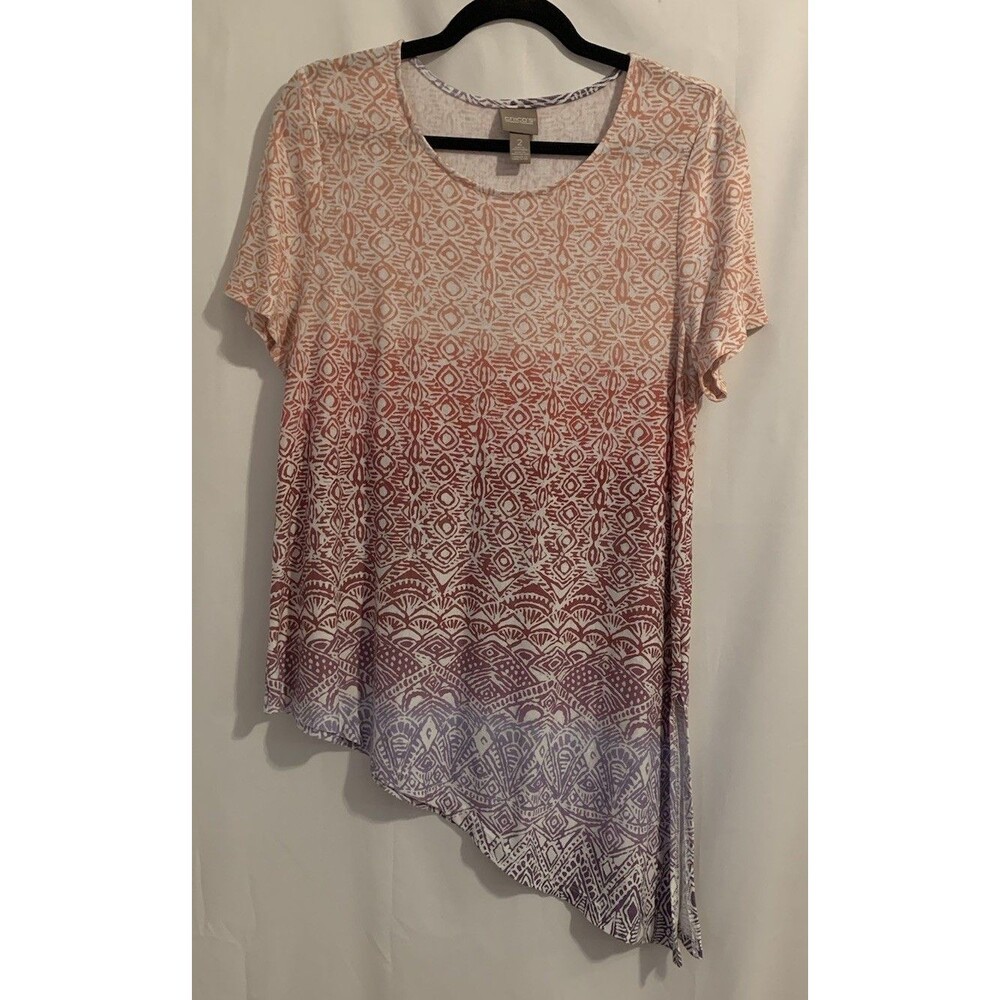 Chicos Size 2 Womens Large Top Soft Ombre Asymmetrical Hem Knit Boho Tunic